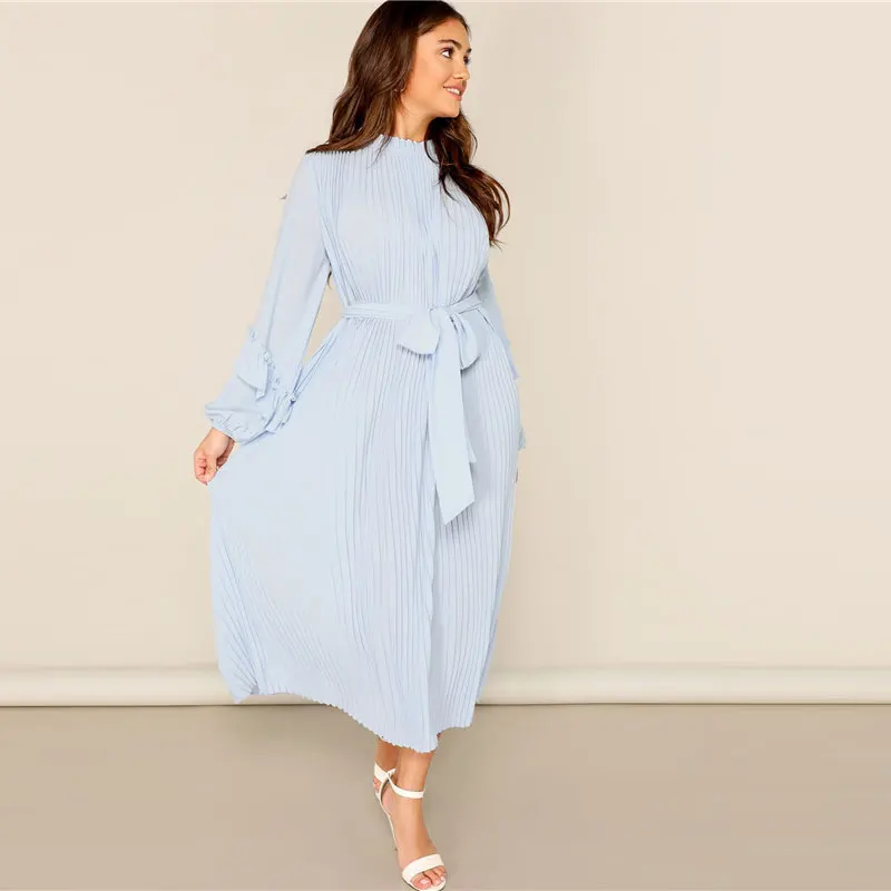 SHEIN Плиссированное Платье Со Стоячим Воротником Поясом И Оригинальным Рукавом Однотонное Платье В Складку С Оборкой