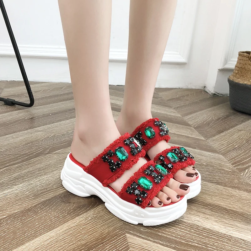 Женские пляжные тапочки на платформе Летние парусиновые сандалии танкетке обувь