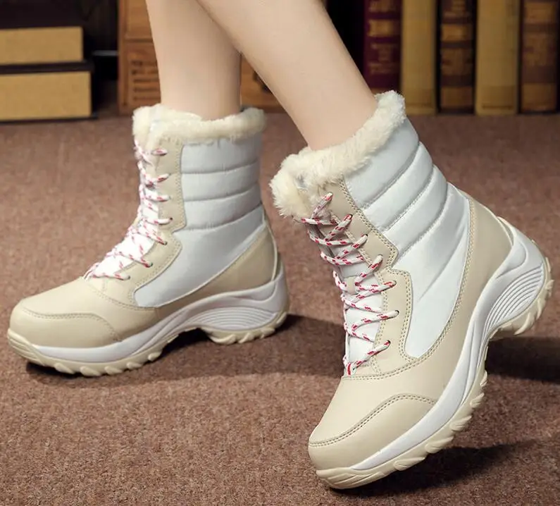 Beige white Новые ботильоны; женские зимние водонепроницаемые ботинки; женская обувь; модные зимние ботинки; теплые зимние ботинки из плюша для женщин; Большой размер 42 - Цвет: Beige white