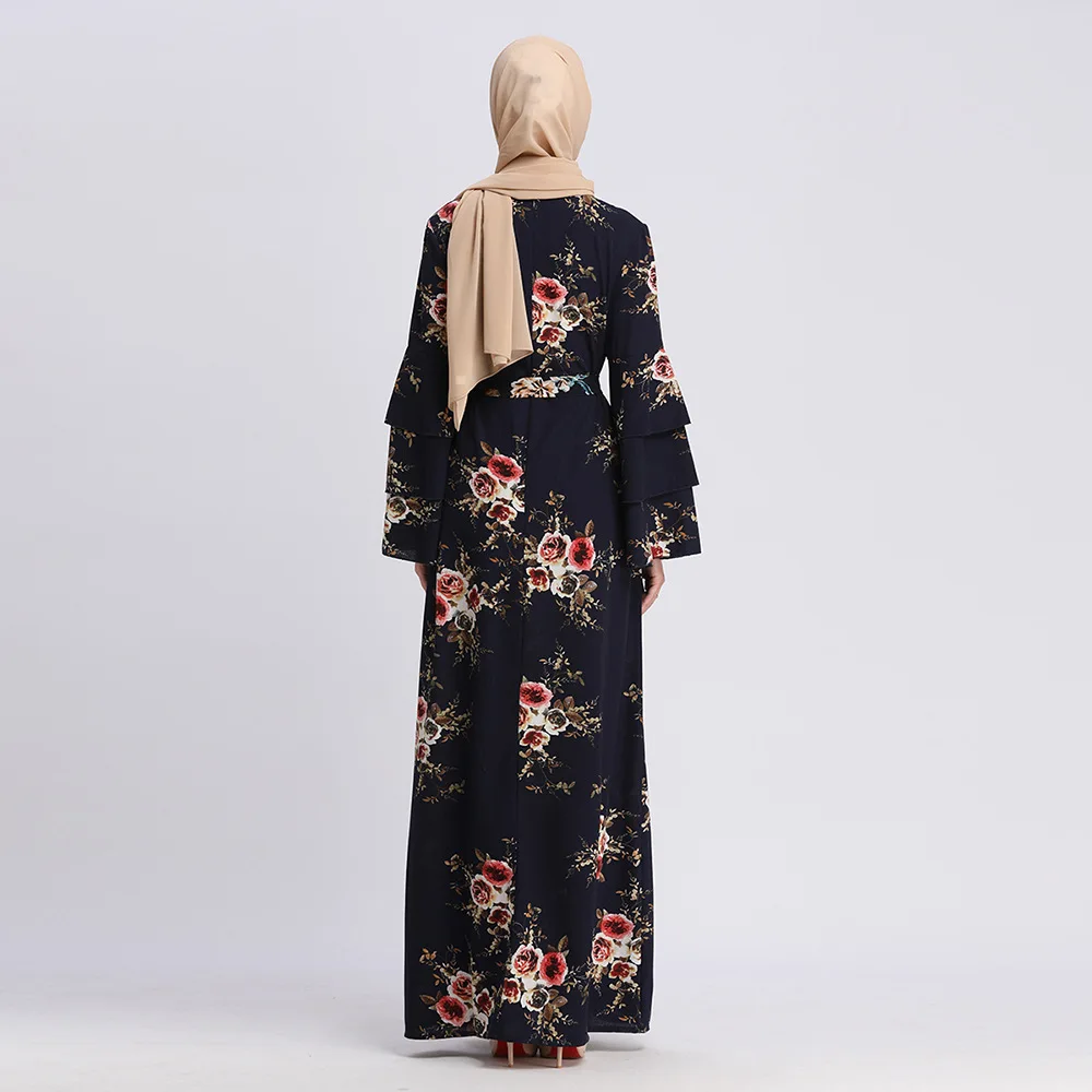 Abayas Women Islamic Clothing Flowers Print Fashion Bandage Hijab Dresses Maxi Muslim Dress Bangladesh Kaftan Dubai Turkey Robe |