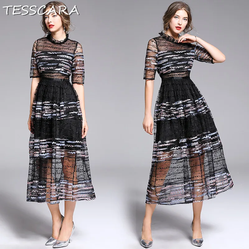 Женское Сетчатое платье TESSCARA длинное вечернее высокого качества с блестками на