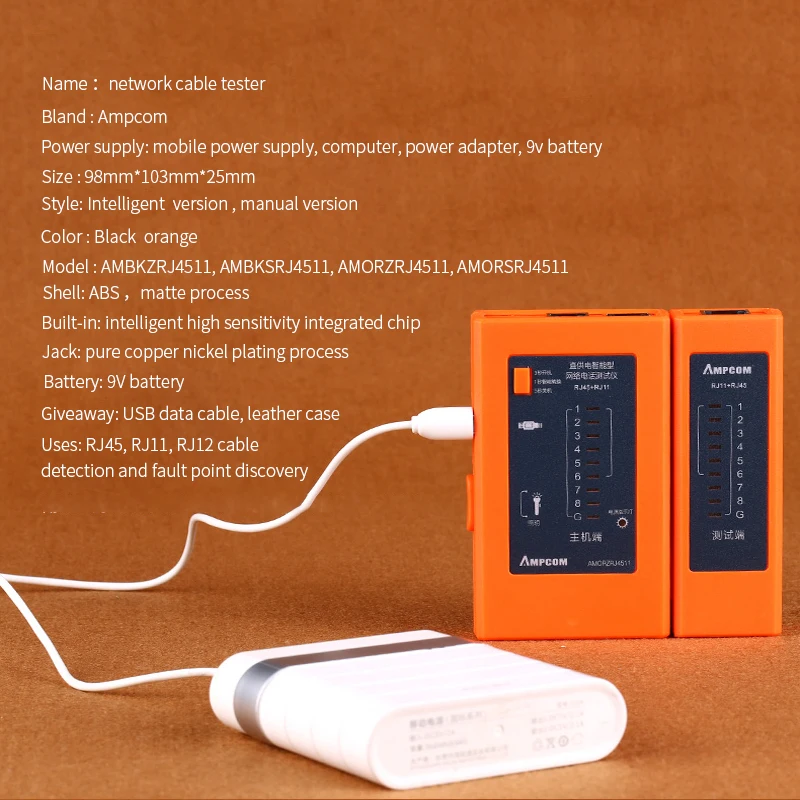 AMPCOM ручной версии оранжевый сетевой кабель тестер детектор RJ45 RJ11 RJ12 Cat6 Cat5 Lan Ethernet