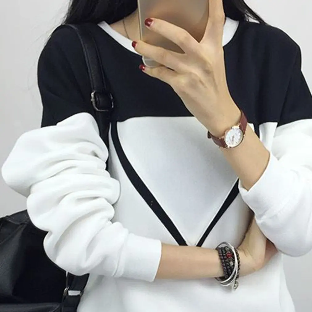 Осенне зимний женский худи сексуальный черный/белый лоскутный Хлопковый пуловер