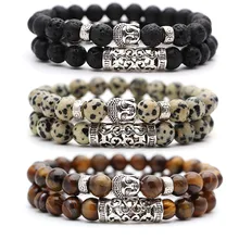 2pcs set Black Lava Stone Prayer Beads Buddha Men Bead Bracelet Beaded Bracelets for Women and Mens Pulseras Masculina