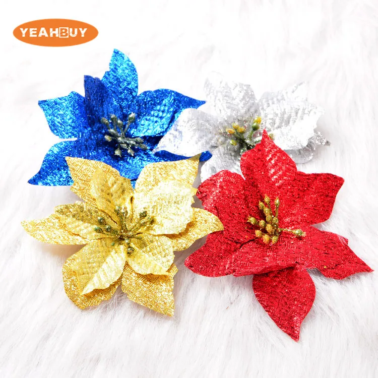 

Wholesale 13cm 4 Colors Christmas Flower Head Artificial Silk Poinsettia Flowers For Holiday Home Decoration Christmas Supplies