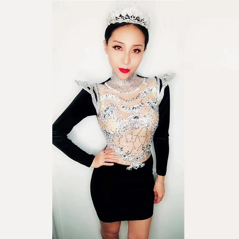 Блестящий костюм стразы бархатное платье джазовые танцы для женщин ночного