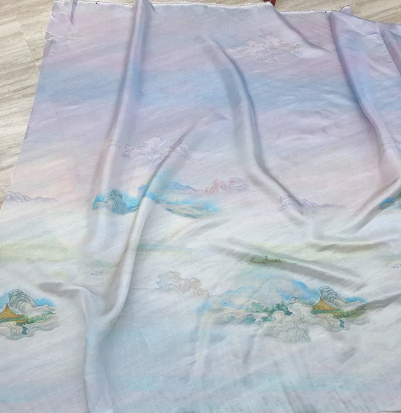 

Happy Building Classic Styles Fabric Clouds River Landscape Scenes Painting Pink Purple Fabric For Dress Costumes Curtain Decor