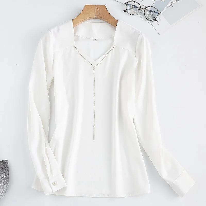 Женская рубашка тонкая Осенняя однотонная длинный рукав OL Блузки в деловом стиле