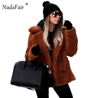 nadafair casual teddy coat winter fleece plus size warm thick faux fur jacket coat women pockets plush overcoat outwear