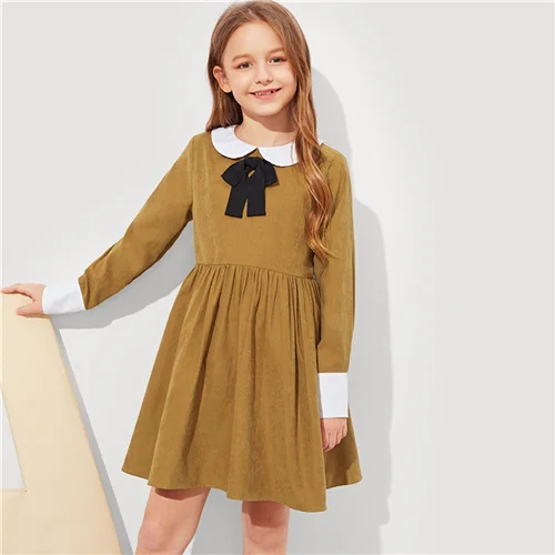 Brown SHEIN Kids/коричневое платье для девочек с контрастным воротником и бантом спереди; консервативное платье; детская одежда; коллекция года; весенние повседневные платья для девочек с длинными рукавами на молнии - Цвет: Brown