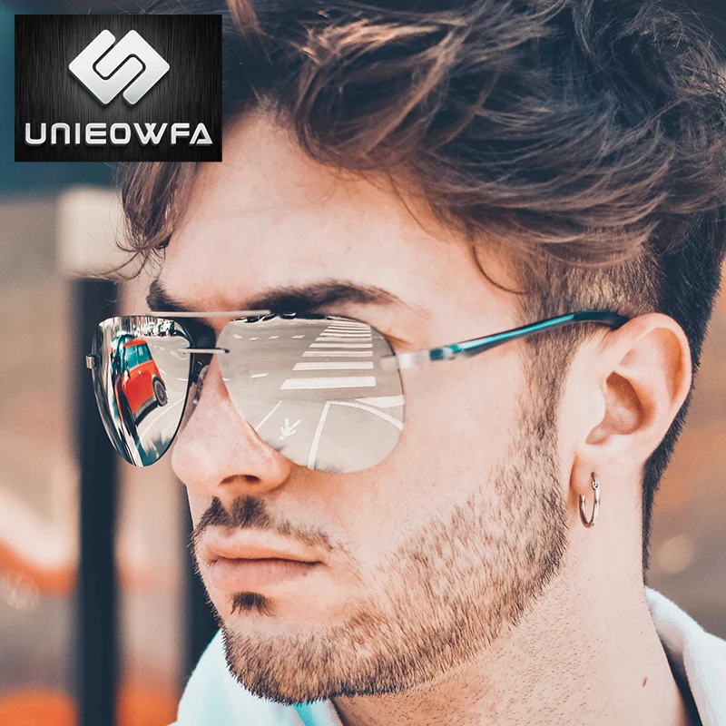UNIEOWFA, мужские авиационные солнцезащитные очки без оправы, мужские HD поляризованные Серебристые зеркальные Спортивные очки, UV400, Полароид, солнцезащитные очки для мужчин, пилот