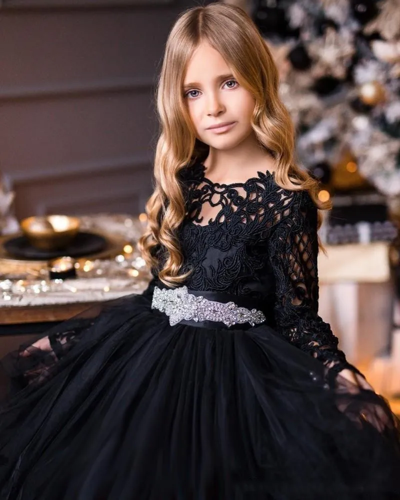 Черные платья с цветами для девочек на свадьбу кружевное платье длинным рукавом