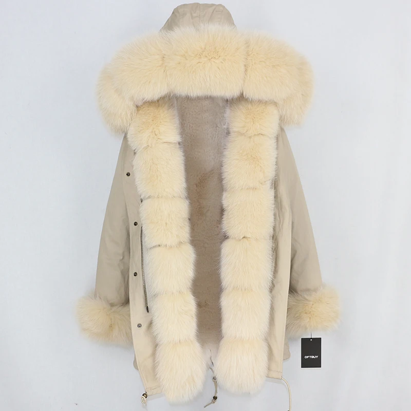 beige beige OFTBUY парка, зимняя куртка, женское меховое пальто, натуральный Лисий мех, воротник, Толстая теплая длинная парка, Большая Меховая верхняя одежда, съемная - Цвет: beige beige