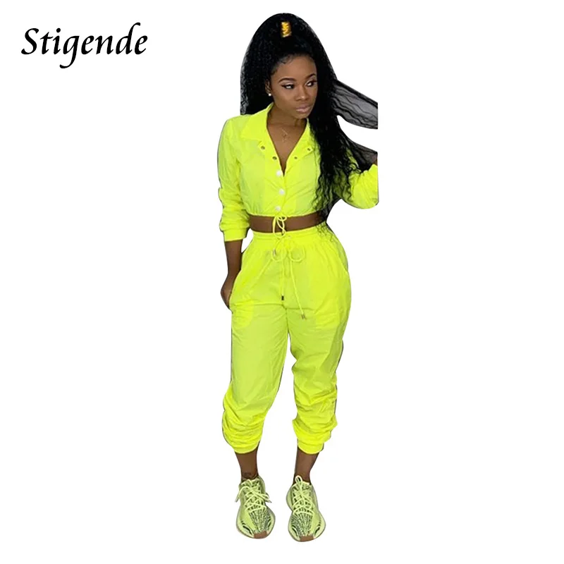 Stigende Women Sexy Crop Top and Pants 2 Piece Tracksuit Set Long Sleeve Button Coat 2pcs Spring Autumn Two Party |