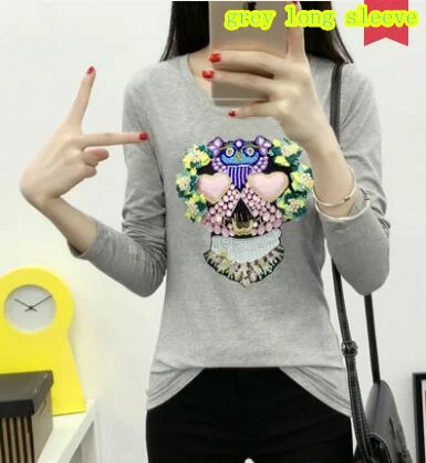 grey long sleeve Летние Ретро жемчужные футболки с вышивкой бусинами для женщин Цветочная вышивка футболка элегантные женские Топы Blusa - Цвет: grey long sleeve