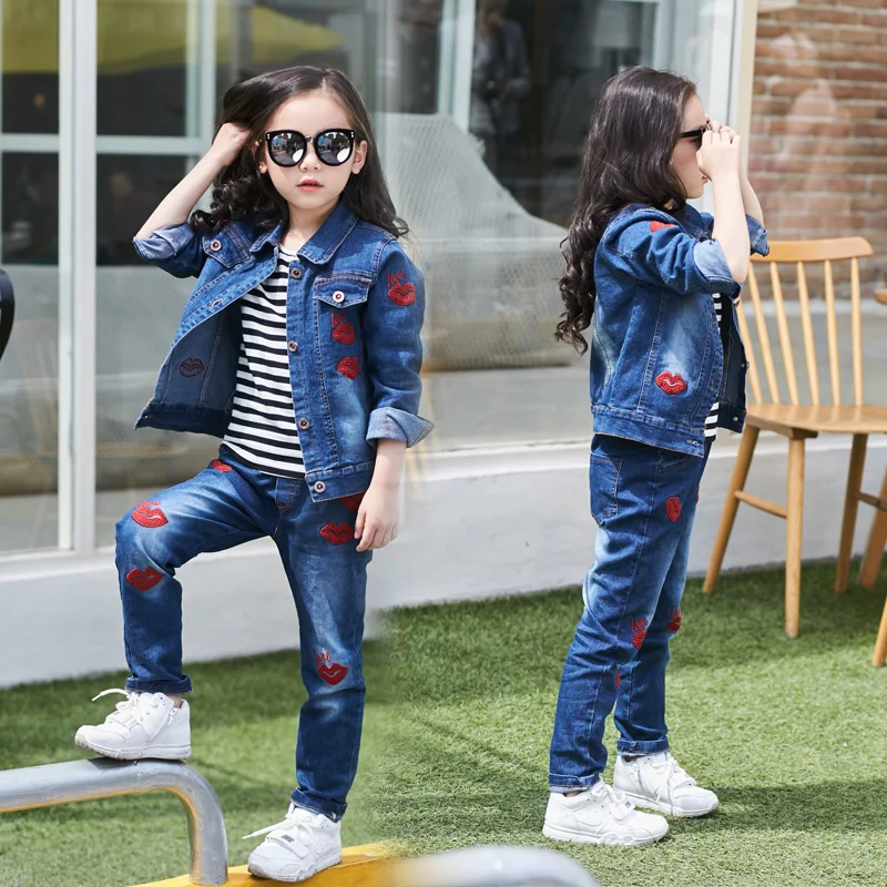 2019 Kids Girl Clothes Outfits Red kiss Sleeve denim Jacket Tops +Denim Jeans Pants Spring Autumn 2pcs set 4 5 6 7 8 9 10 years | Детская