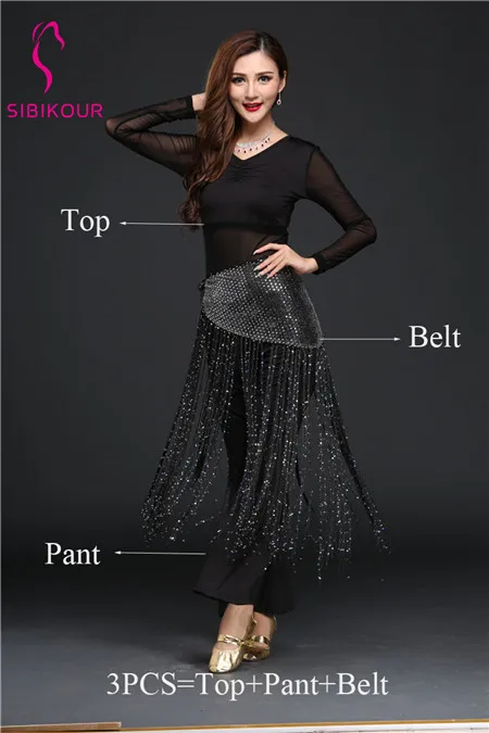 Black 3pcs Женский костюм для танца живота практическая одежда Восточный Болливуд индийский хип шарф Топ пояс для брюк сценическая одежда тренировочная одежда с длинными рукавами - Color: Black 3pcs