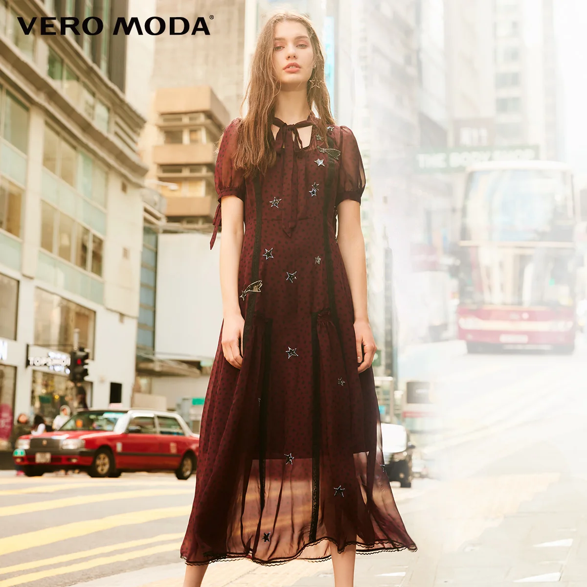 Vero Moda Новое Женское шифоновое платье Ins Стиль блестка Звезда вышивка принт | 31917B501 - Цвет: Claret red