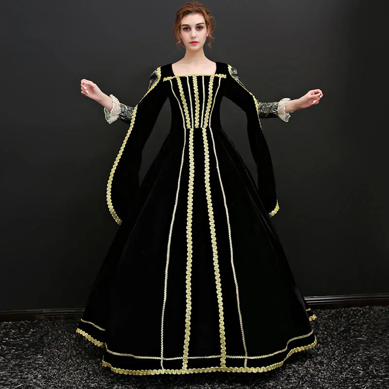 Бесплатная доставка высокое качество Черное и Золотое Платье в стиле ренессанс