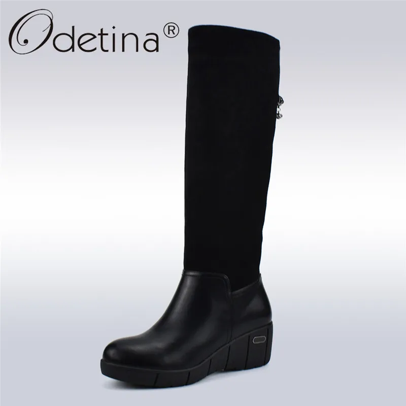Odetina/модные женские сапоги до колена зимняя обувь черные теплые меховые