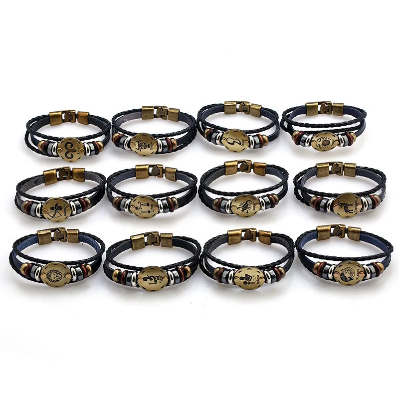 12 Constellations Leather Bracelet for Men Zodiac Signs Punk Multilayer Beads Charms Bracelets Male Jewelry | Украшения и