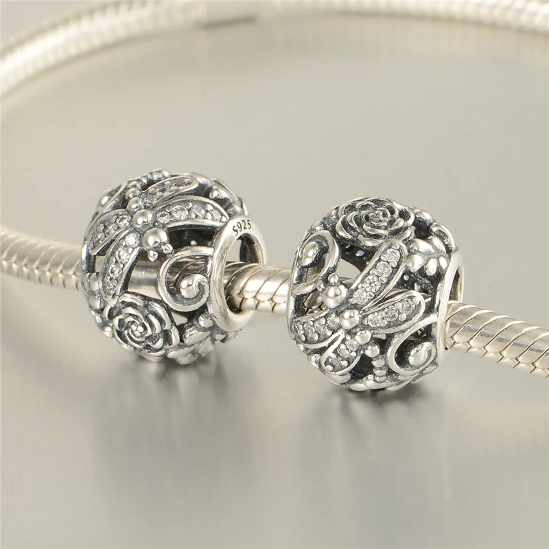 

925 Sterling Silver Jewelry Dragonfly Meadow with Clear CZ Stone Charms Beads Fit European Silver Charm Bracelets for Women