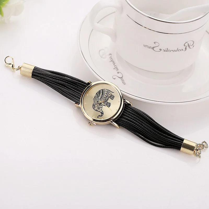 

Fashion Women PU Leather Rope Bracelet Watch Casual Elephant Quartz Wristwatch Clock Gifts @17 LXH
