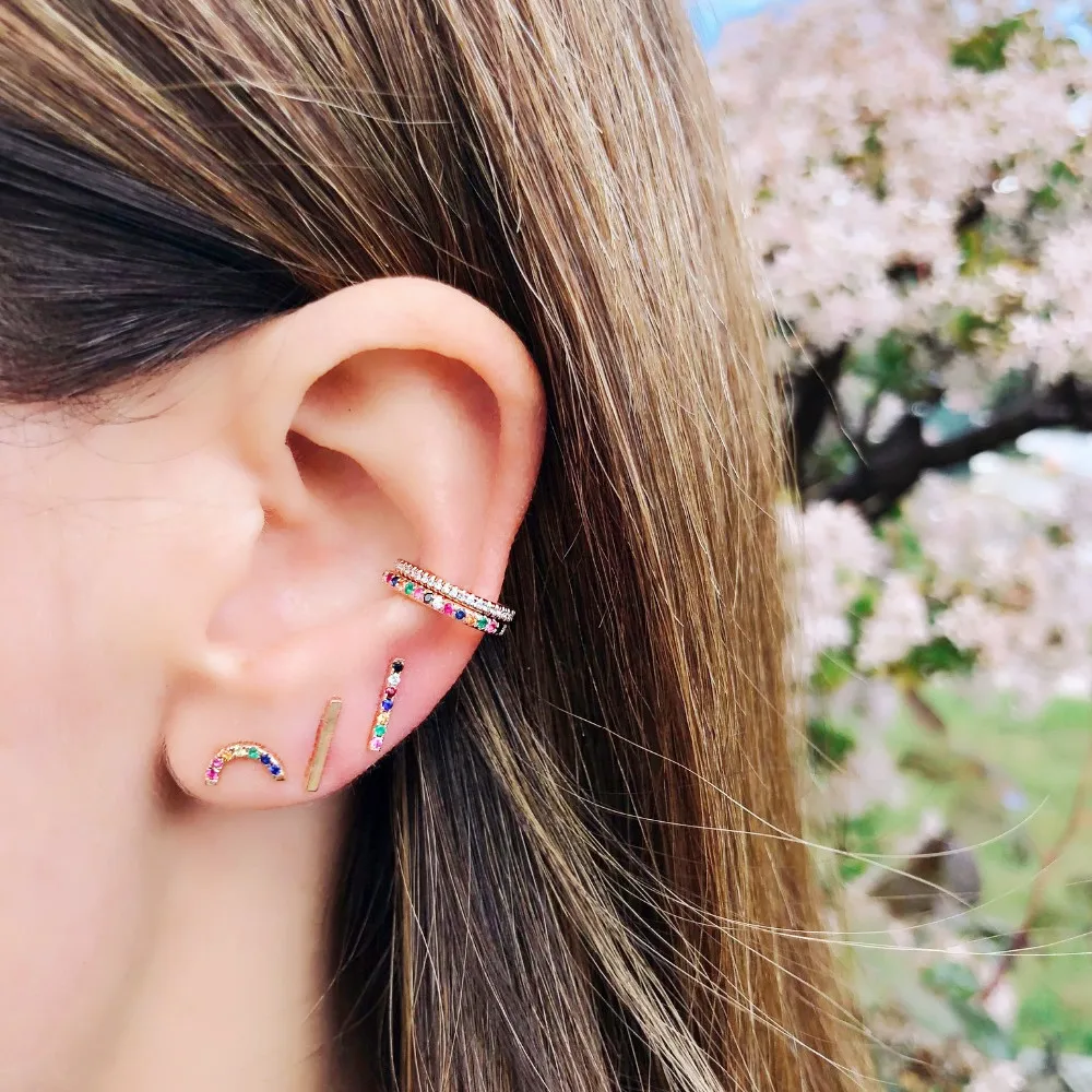 Настоящее 925 пробы, серебро, минимальное, тонкое, изысканное, cz бар, круг, геометрический дизайн, серьги, Радужный цвет, для женщин, ювелирное изделие
