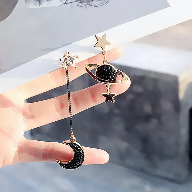 Star Moon Stud Tassel Earrings Universe Pentacle Rhinestone Asymmetrical Woman Boucle D'oreille Jewelry Gift | Украшения и