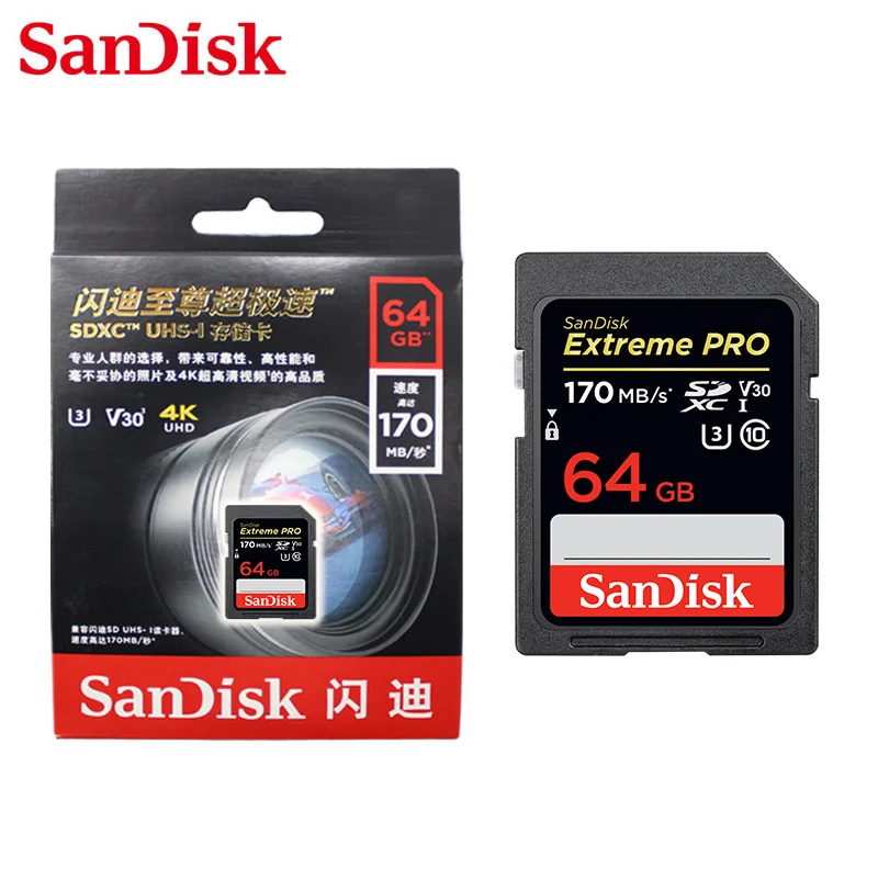 

Original SanDisk SD Card 64GB 128GB 256GB V30 Max Reading Speed 170MB/s Class 10 U3 UHS-I Extreme Pro Memory Card 4K For Camera