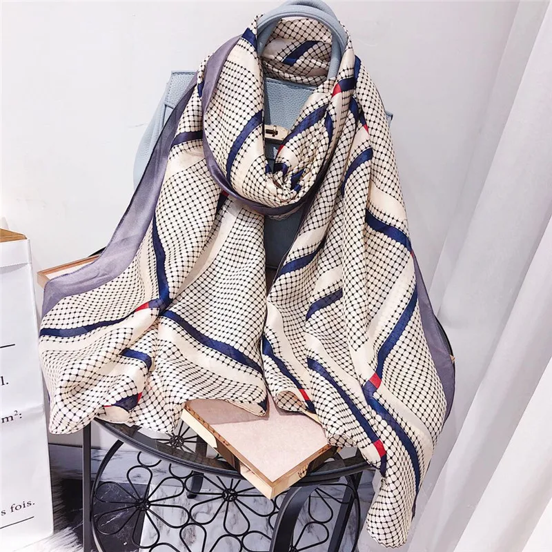 Oblique plaid Summer bufanda mujer Thin Sunscreen women Scarf Female Beach wheel print Simulation Silk foulard hijab Shawl |
