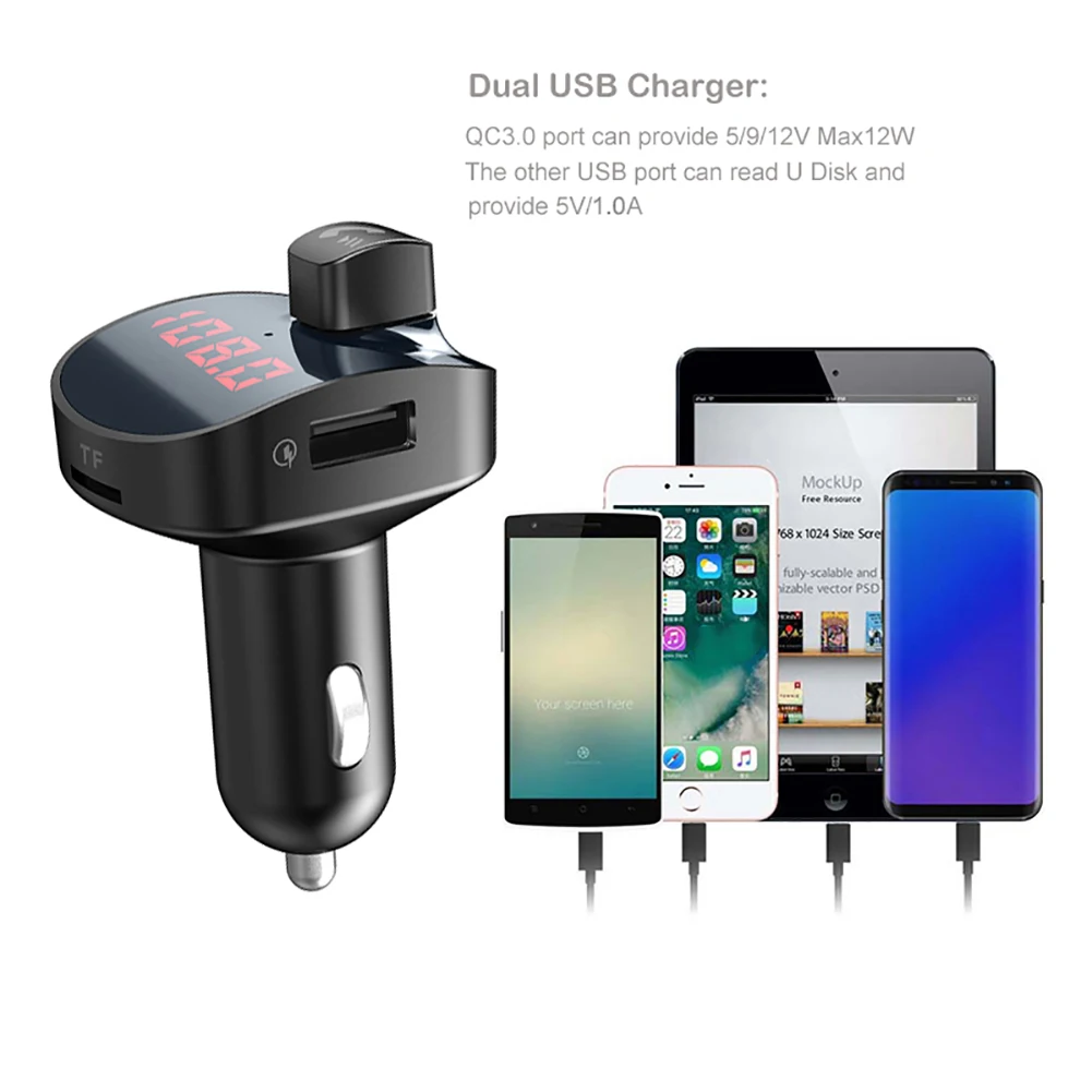 Автомобильное зарядное устройство для телефона с Bluetooth FM-излучатель QC3.0 2 USB MP3 5 В/3