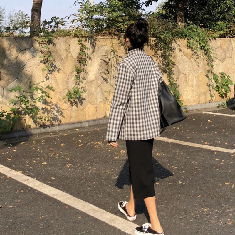 DICLOUD Harajuku клетчатые пальто женские осенние винтажные свободные куртки женские топы с длинными рукавами женские корейские короткие пальто женские зимние