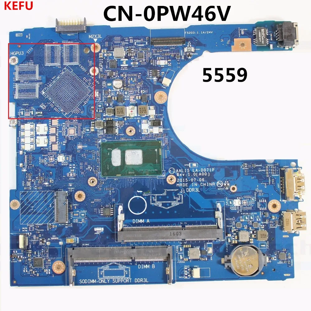 KEFU материнской CN-0PW46V для Dell 15 5559 материнская плата AAL15 с процессором DDR3L протестированы в порядке