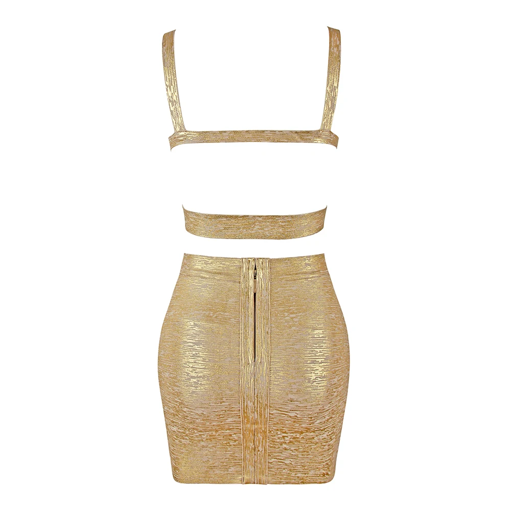 KLEEZY, Женский Золотой Позолоченный комплект из 2 предметов, топ, короткая майка, короткая юбка, сексуальная праздничная одежда HL4815