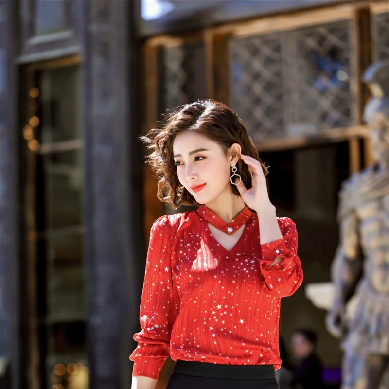 

Fashion Red Long Sleeve Women OL Styles Formal Blouses & Shirts Ladies Blouse Female Tops Clothes 2019 Spring Summer