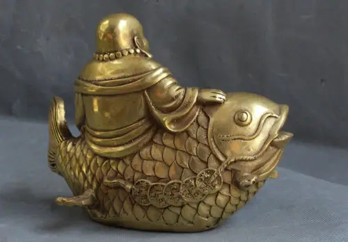 

China Brass Yuan bao wealth Happy Laugh Maitreya Buddha Ride Fish Statue