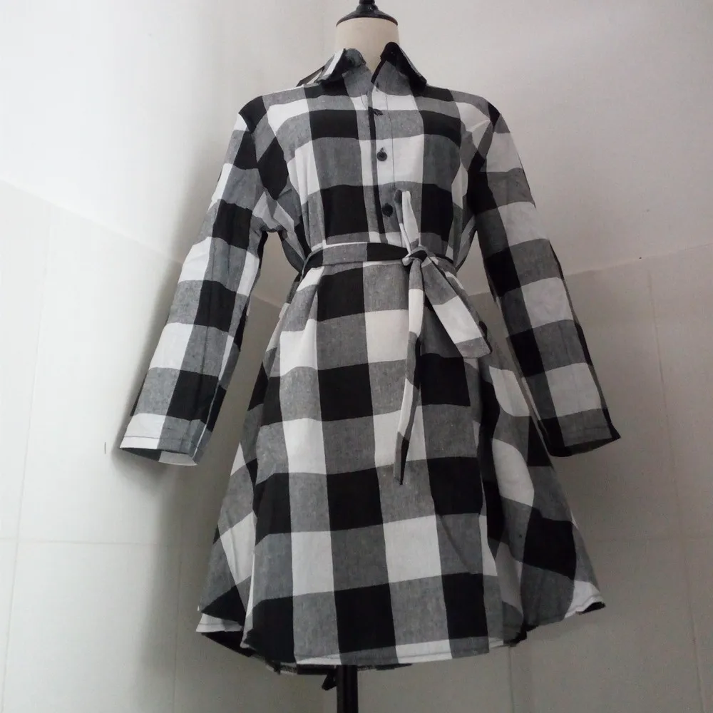 Весенне осенняя черно белая женская одежда мини платье в клетку стиле ретро