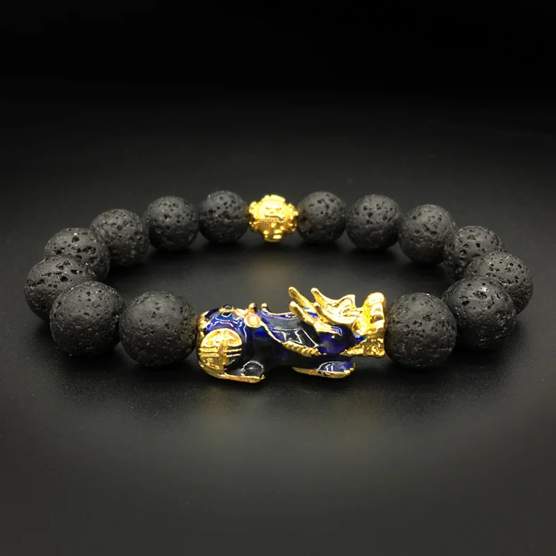 Браслет для мужчин и женщин из бусина лавового камня 12 мм с золотым покрытием Pixiu
