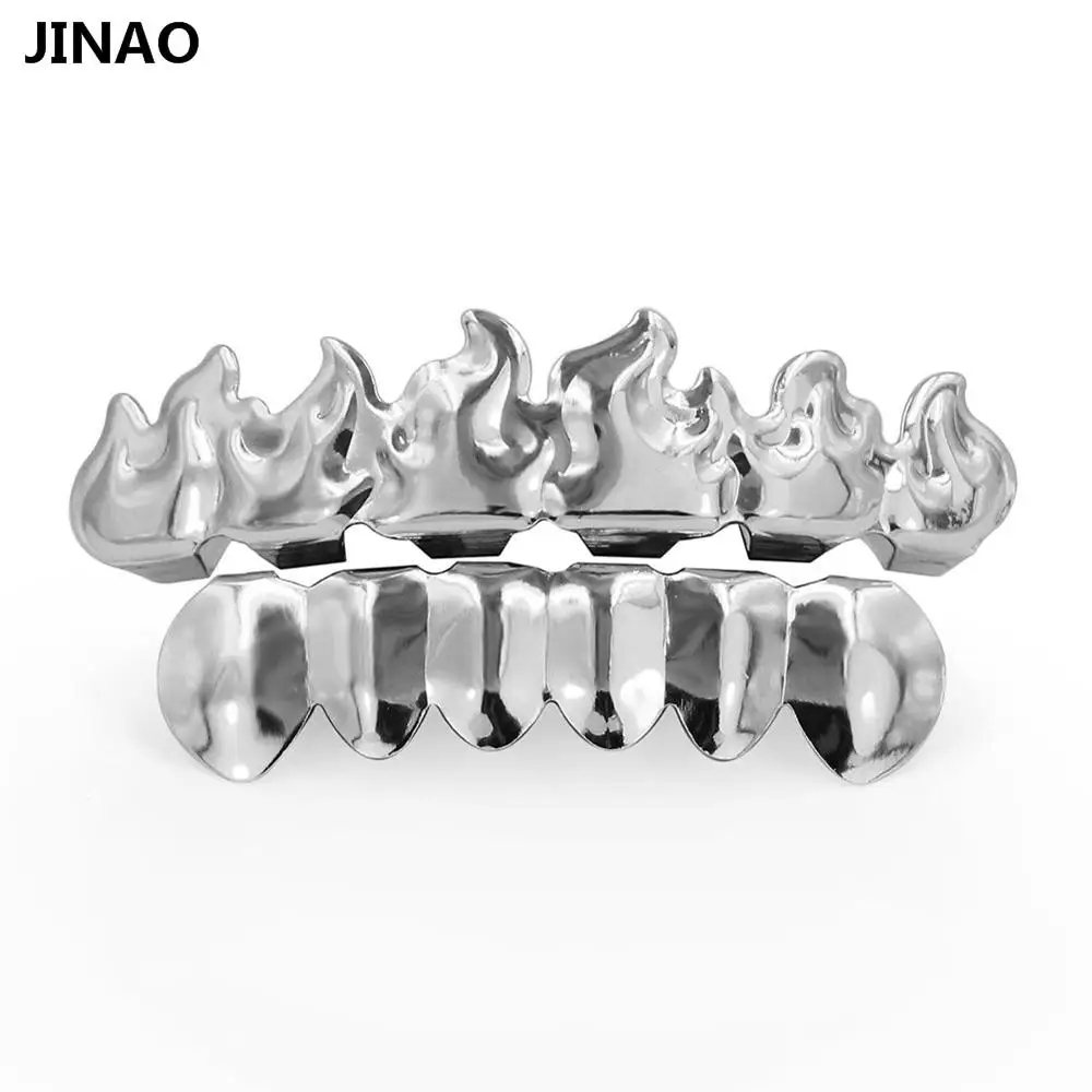 silver set JINAO, новинка, на заказ, подходят, чистый цвет, позолота, вампир, огненные зубы, грили, пламя, рот, гриля, шапки, верх и низ, хип-хоп гриль, набор, вечерние - Окраска металла: silver set
