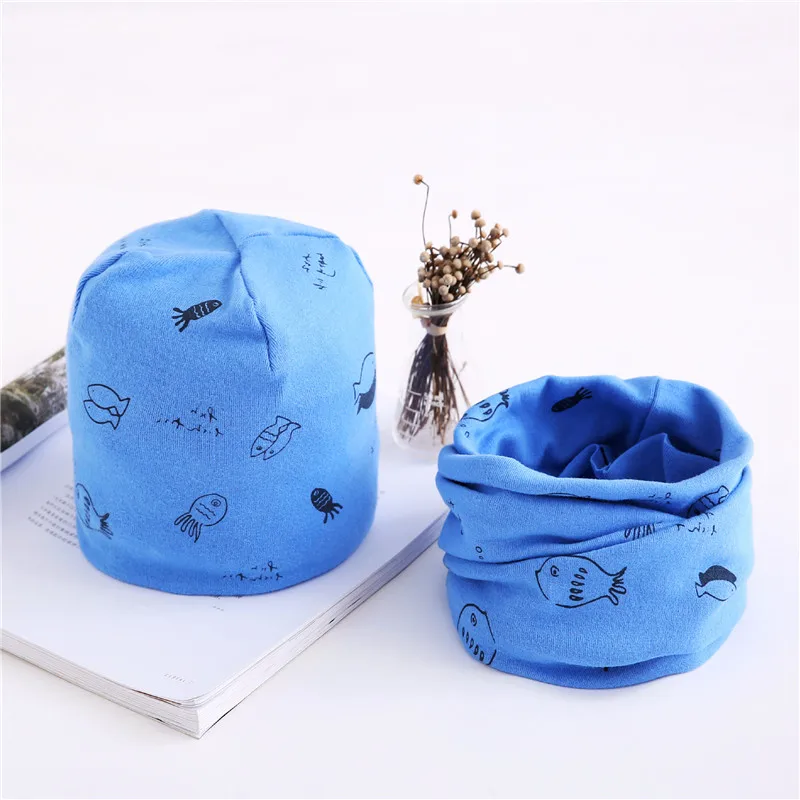 blue fish hat scarf Новая весенне-Осенняя шапка для девочек, шарф, комплект с рисунком совы, звезды, лебедя, шапка для маленьких мальчиков и девочек, детская шляпа, шарф-воротник, комплект хлопковой детской шапки - Цвет: blue fish hat scarf