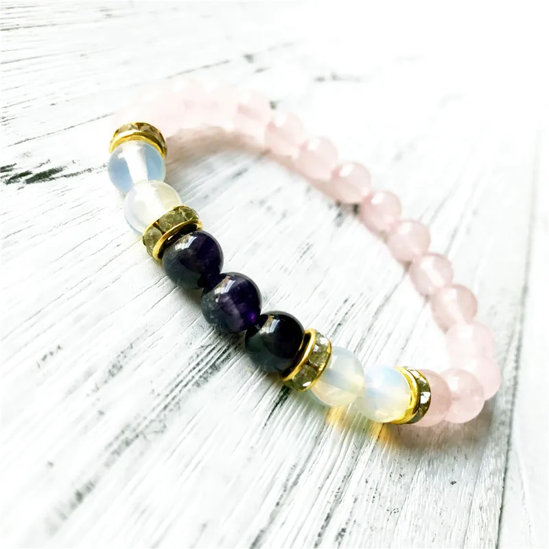 Natural Opal Rosequartz Purple Quartz Bracelet Wrist Pink Beads Yoga Mala Women's Gift Energy Protection Jewelry | Украшения и
