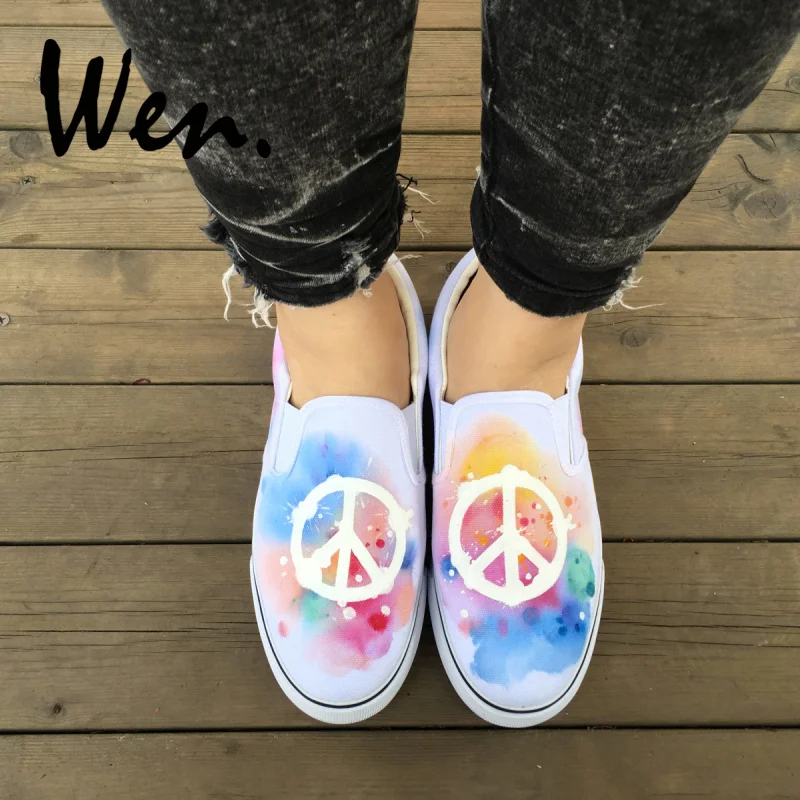 

Wen Unisex Slip On Shoes Hand Painted Colorful Peace Logo Original Design White Canvas Sneakers Athletic Skateboarding Shoes