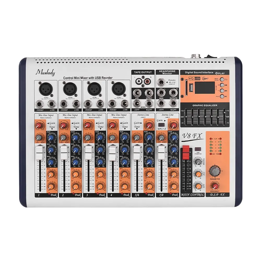 Muslady V8-FX 8-канальный Портативный смешивания консольный микшер встроенная карта памяти 16 dsp-эффекты+ 48V Phantom Мощность поддерживает подключения BT