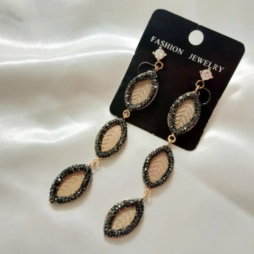 4 слоя золотого олова сплава листьев серьги черный Серебряный горный хрусталь