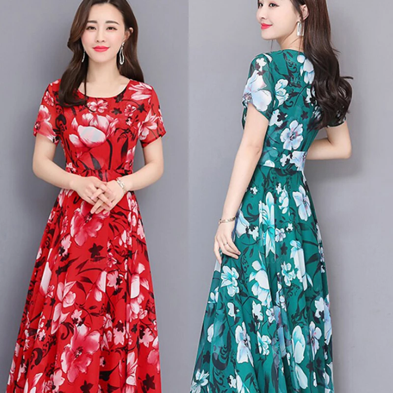 Женское платье летнее круглый вырез короткий рукав полиэстер цветочный рисунок