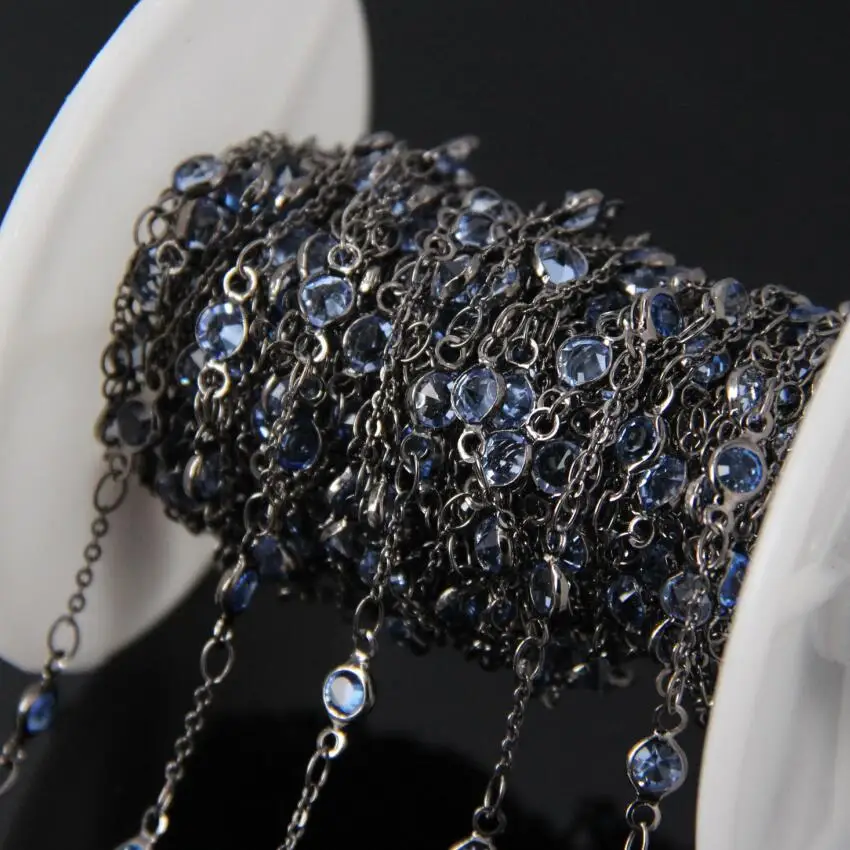 

4mm,Plated Gun black Wire Wrapped Faceted Glass Flat Round beads Chains,Blue Glass Coin Chains bracelet necklace Jewelry