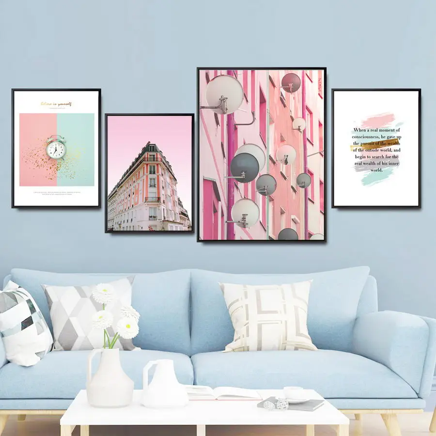 

Home Decoration Print Canvas Wall Art Picture Poster Paintings Oil Unframed Drawings building Colorful Pink Blue Sky