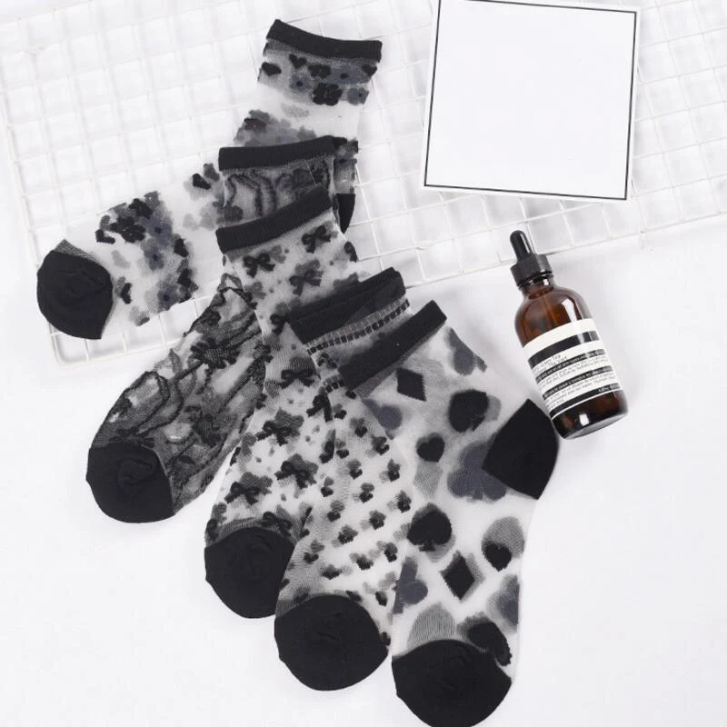 ZZIYEETTM 1 Pair Sexy Lace Mesh Fishnet Socks Women Ultrathin Transparent Crystal Silk Elastic Ankle Short | Женская одежда