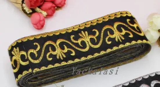 YACKALASI, 6 ярдов/партия, косплей, лента, кружево, Золотая лента, кружево, железо, костюм с тесьмой, пояс, отделка, металлическая вышивка, аппликация, ширина 5 см - Цвет: Black 5CM Wide